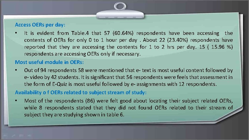 Access OERs per day: • It is evident from Table. 4 that 57 (60.