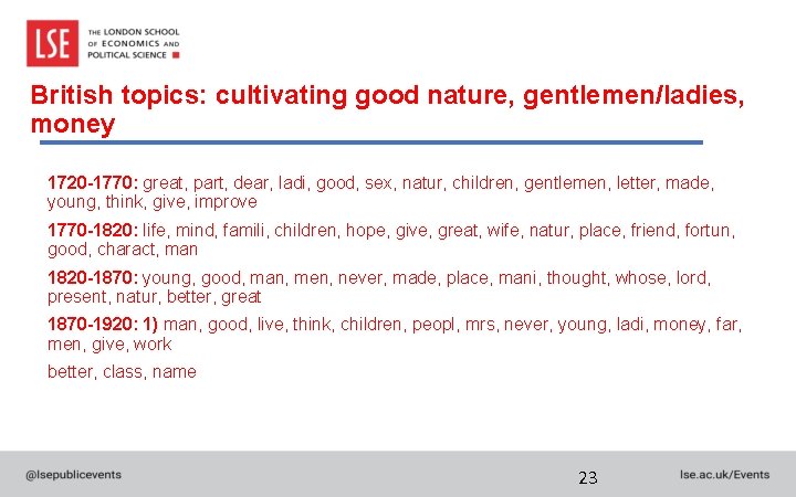 British topics: cultivating good nature, gentlemen/ladies, money 1720 -1770: great, part, dear, ladi, good,