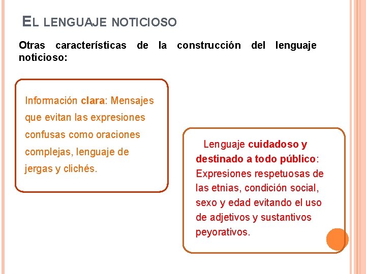 EL LENGUAJE NOTICIOSO Otras características de la construcción del lenguaje noticioso: Información clara: Mensajes