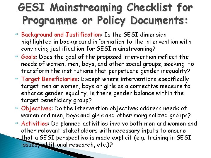 GESI Mainstreaming Checklist for Programme or Policy Documents: Background and Justification: Is the GESI GESI Mainstreaming Checklist for Programme or Policy Documents: Background and Justification: Is the GESI
