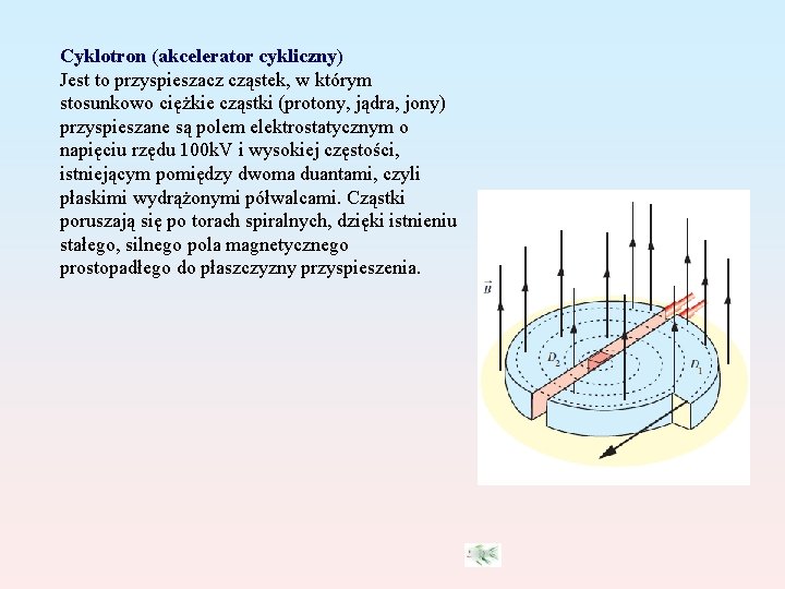 Cyklotron (akcelerator cykliczny) Jest to przyspieszacz cząstek, w którym stosunkowo ciężkie cząstki (protony, jądra,