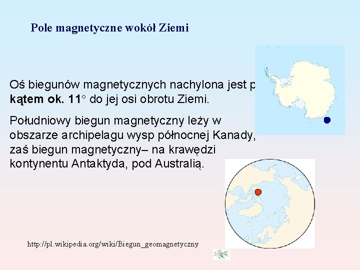 Pole magnetyczne wokół Ziemi Oś biegunów magnetycznych nachylona jest pod kątem ok. 11° do