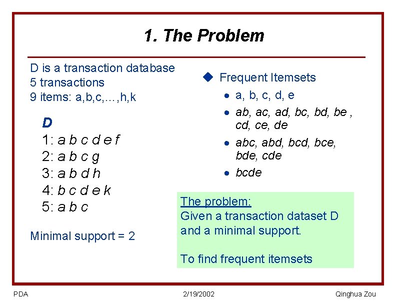 1. The Problem D is a transaction database 5 transactions 9 items: a, b,