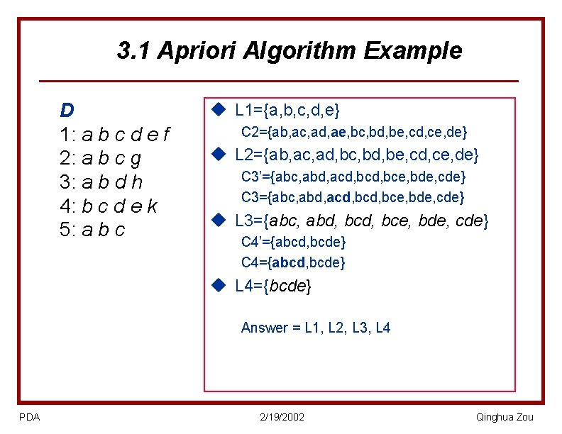 3. 1 Apriori Algorithm Example D 1: a b c d e f 2: