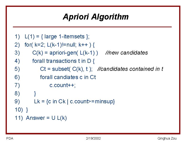 Apriori Algorithm 1) L(1) = { large 1 -itemsets }; 2) for( k=2; L(k-1)!=null;