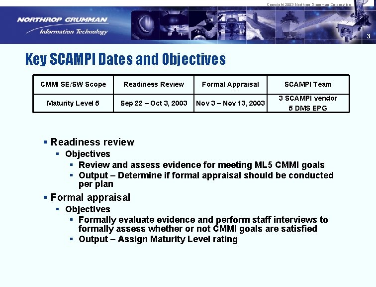 Copyright 2003 Northrop Grumman Corporation 3 Key SCAMPI Dates and Objectives CMMI SE/SW Scope