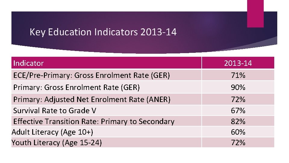 Key Education Indicators 2013 -14 Indicator ECE/Pre-Primary: Gross Enrolment Rate (GER) Primary: Adjusted Net