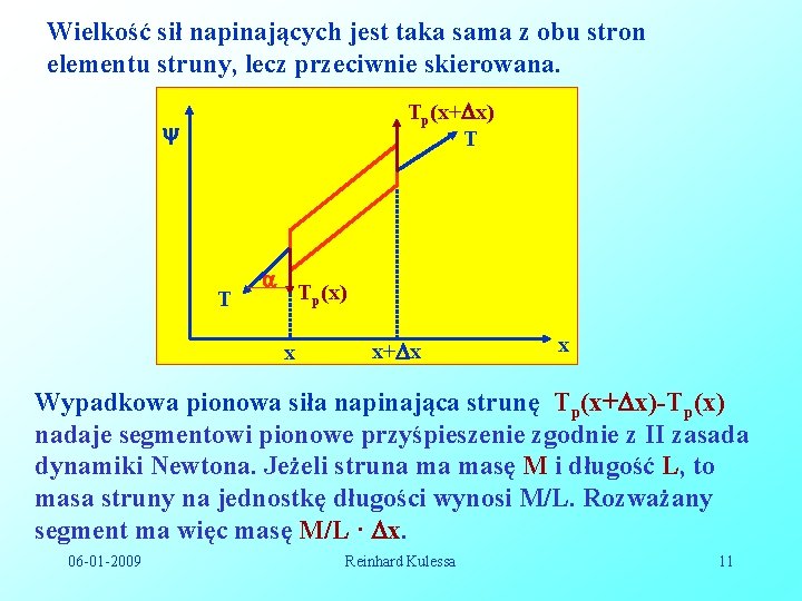 Wielkość sił napinających jest taka sama z obu stron elementu struny, lecz przeciwnie skierowana.