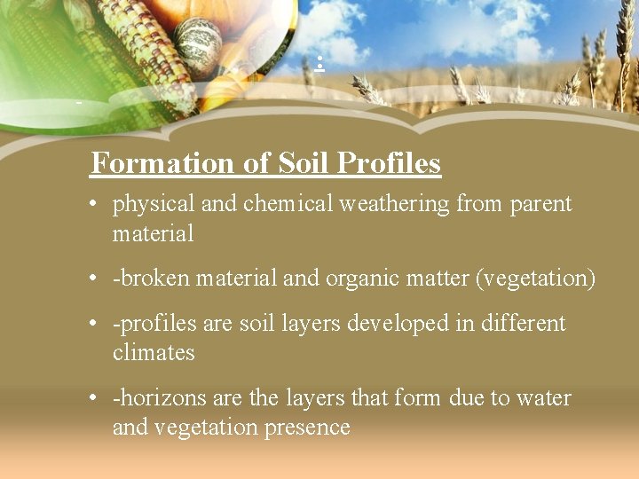 : - Formation of Soil Profiles • physical and chemical weathering from parent material