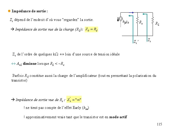 l Impédance de sortie : Zs dépend de l’endroit d’où vous “regardez” la sortie.