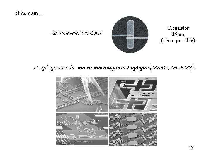 et demain… La nano-électronique Transistor 25 nm (10 nm possible) Couplage avec la micro-mécanique