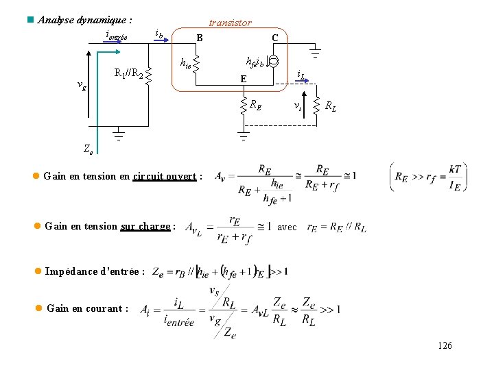 n Analyse dynamique : ientrée vg transistor ib R 1//R 2 B hie C