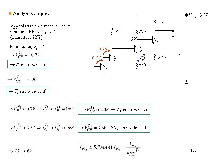 l Analyse statique : VCC= 30 V 24 k VCC polarise en directe les