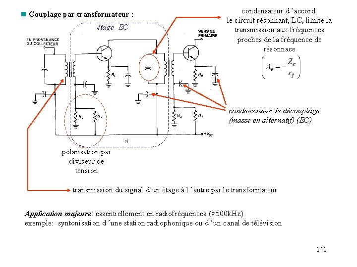 n Couplage par transformateur : étage EC condensateur d ’accord: le circuit résonnant, LC,