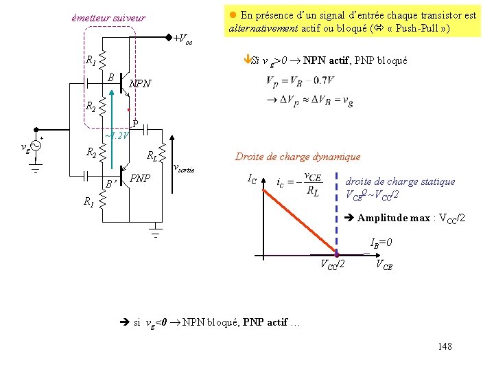 émetteur suiveur +Vcc R 1 l En présence d’un signal d’entrée chaque transistor est