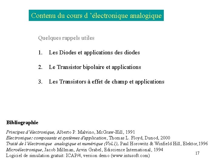 Contenu du cours d ’électronique analogique Quelques rappels utiles 1. Les Diodes et applications