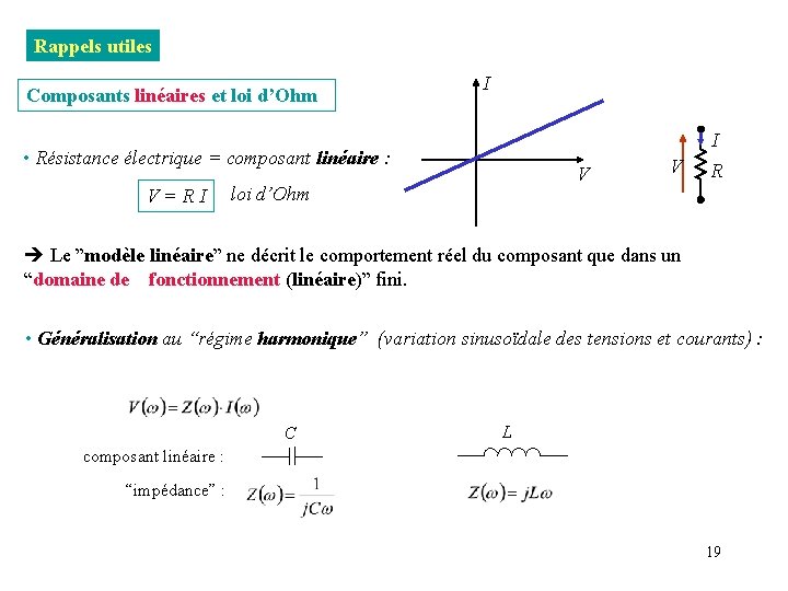 Rappels utiles Composants linéaires et loi d’Ohm I I • Résistance électrique = composant