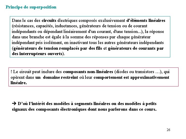 Principe de superposition Dans le cas des circuits électriques composés exclusivement d'éléments linéaires (résistances,