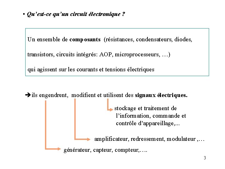  • Qu’est-ce qu’un circuit électronique ? Un ensemble de composants (résistances, condensateurs, diodes,