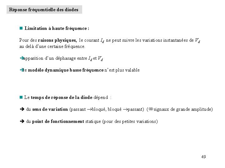 Réponse fréquentielle des diodes n Limitation à haute fréquence : Pour des raisons physiques,