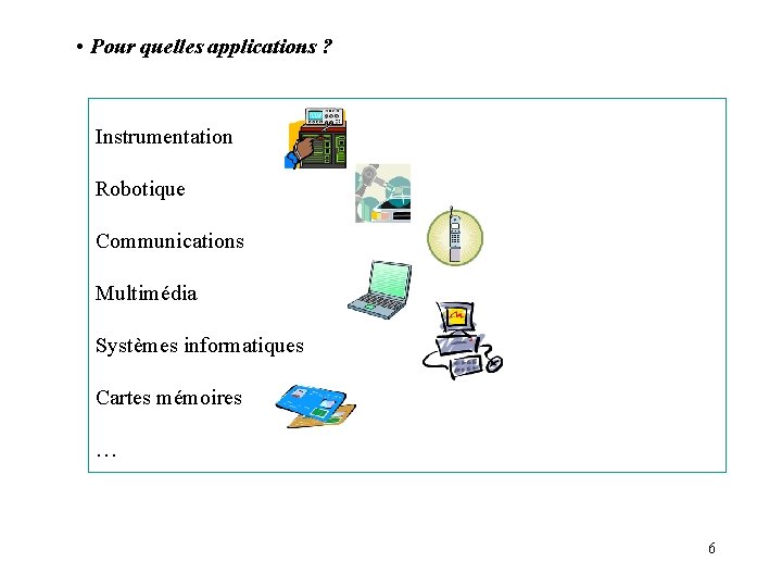  • Pour quelles applications ? Instrumentation Robotique Communications Multimédia Systèmes informatiques Cartes mémoires