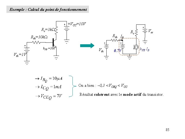  Exemple : Calcul du point de fonctionnement +VCC=10 V Rc=3 k Rth IB