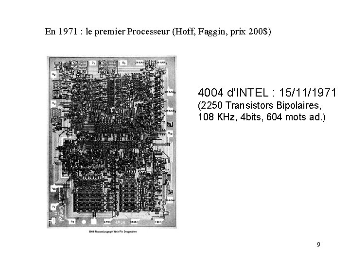 En 1971 : le premier Processeur (Hoff, Faggin, prix 200$) 4004 d’INTEL : 15/11/1971