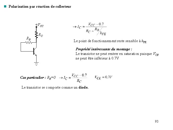 n Polarisation par réaction de collecteur +VCC RB RC Le point de fonctionnement reste