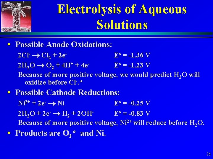 Electrolysis of Aqueous Solutions • Possible Anode Oxidations: 2 Cl- Cl 2 + 2