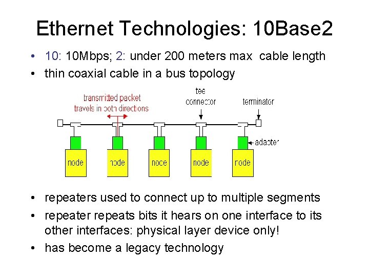 Ethernet Technologies: 10 Base 2 • 10: 10 Mbps; 2: under 200 meters max