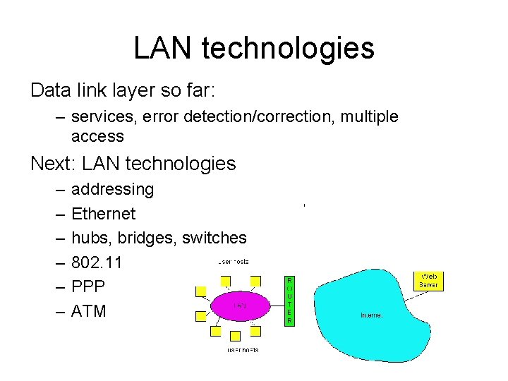 LAN technologies Data link layer so far: – services, error detection/correction, multiple access Next: