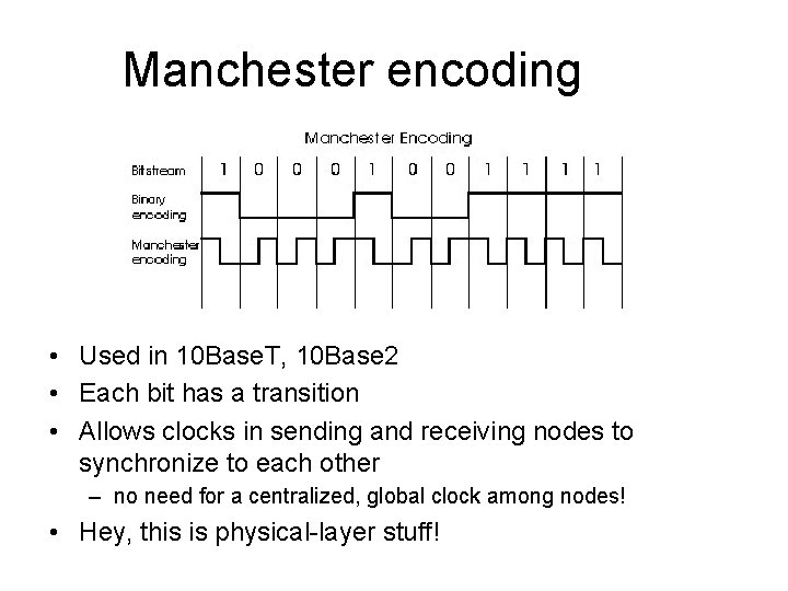 Manchester encoding • Used in 10 Base. T, 10 Base 2 • Each bit