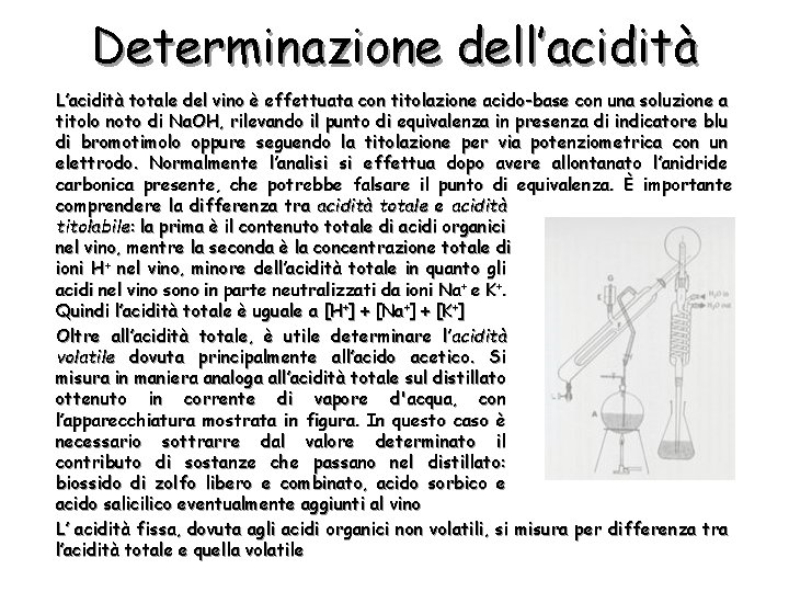 Determinazione dell’acidità L’acidità totale del vino è effettuata con titolazione acido-base con una soluzione