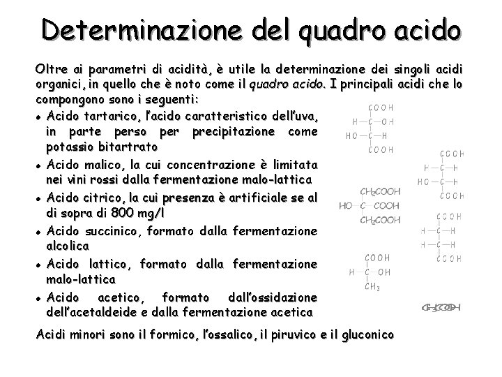 Determinazione del quadro acido Oltre ai parametri di acidità, è utile la determinazione dei