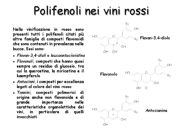 Polifenoli nei vini rossi Nella vinificazione in rosso sono presenti tutti i polifenoli citati