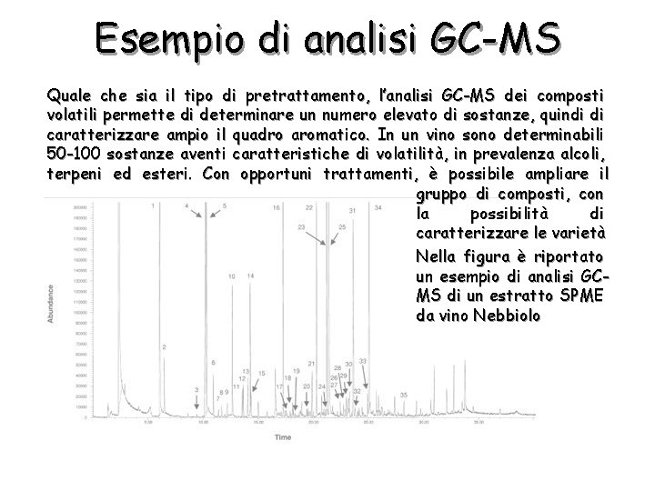 Esempio di analisi GC-MS Quale che sia il tipo di pretrattamento, l’analisi GC-MS dei