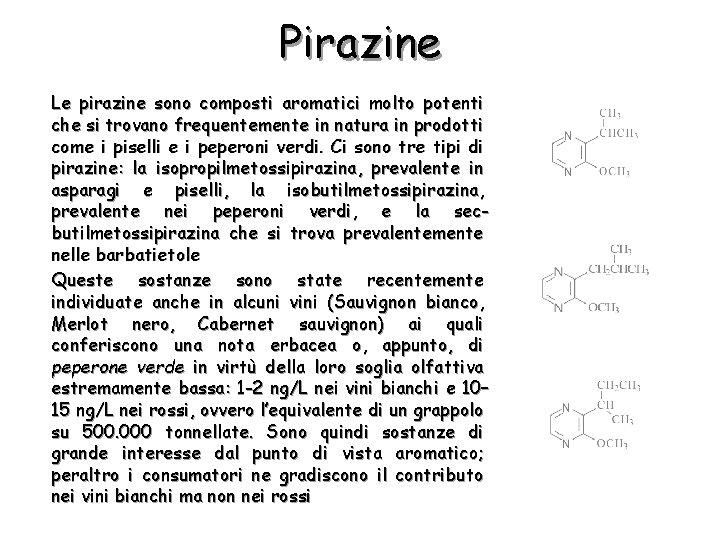 Pirazine Le pirazine sono composti aromatici molto potenti che si trovano frequentemente in natura