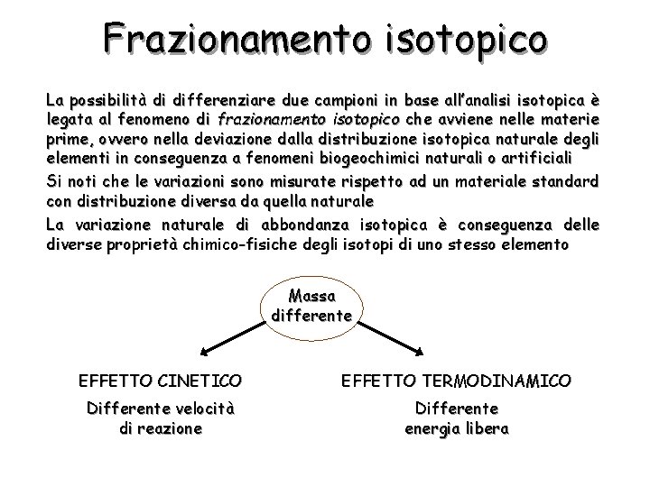 Frazionamento isotopico La possibilità di differenziare due campioni in base all’analisi isotopica è legata