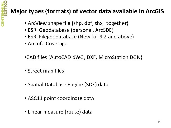 Major types (formats) of vector data available in Arc. GIS • Arc. View shape