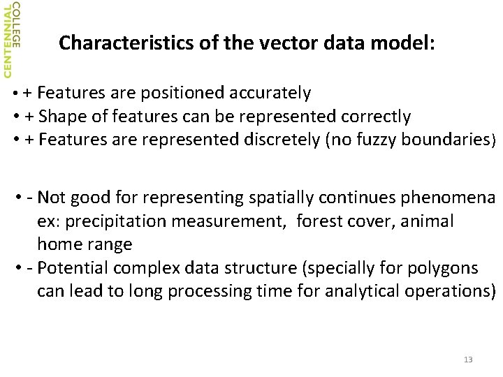 Characteristics of the vector data model: • + Features are positioned accurately • +