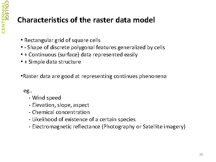 Characteristics of the raster data model • Rectangular grid of square cells • -