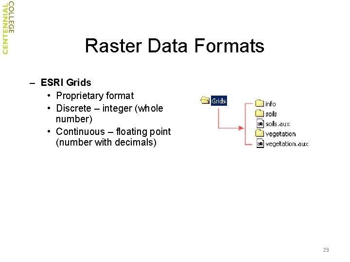 Raster Data Formats – ESRI Grids • Proprietary format • Discrete – integer (whole