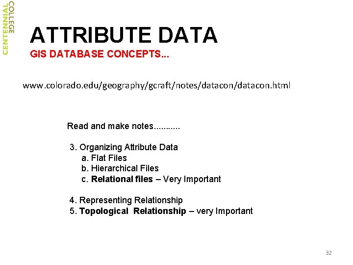 ATTRIBUTE DATA GIS DATABASE CONCEPTS. . . www. colorado. edu/geography/gcraft/notes/datacon. html Read and make