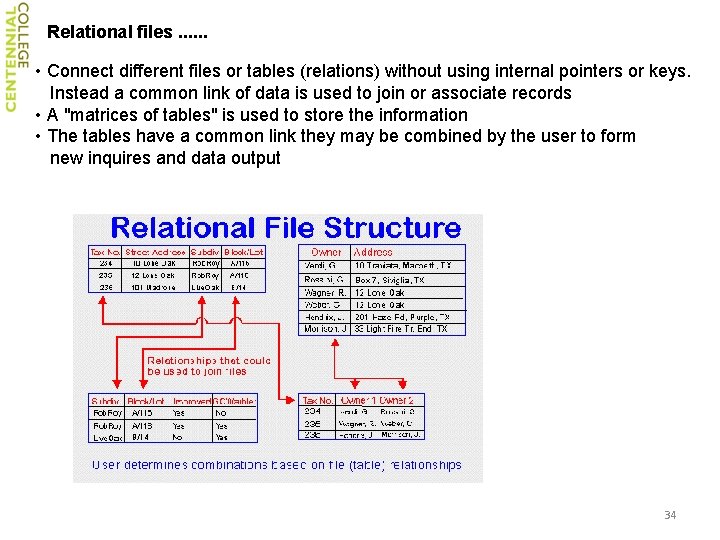 Relational files. . . • Connect different files or tables (relations) without using internal