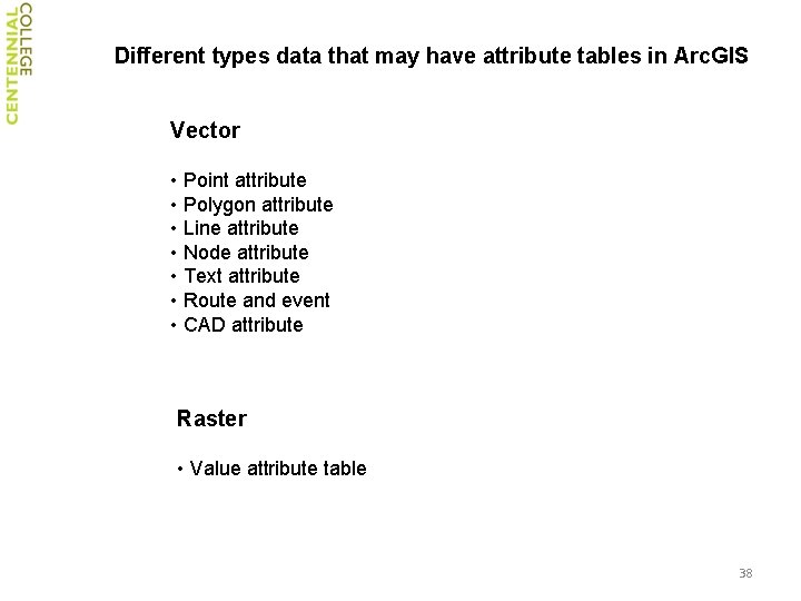 Different types data that may have attribute tables in Arc. GIS Vector • Point