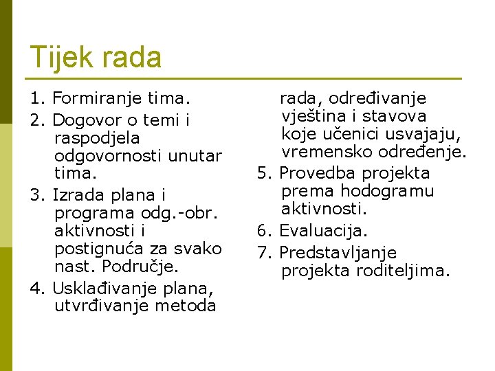 Tijek rada 1. Formiranje tima. 2. Dogovor o temi i raspodjela odgovornosti unutar tima.