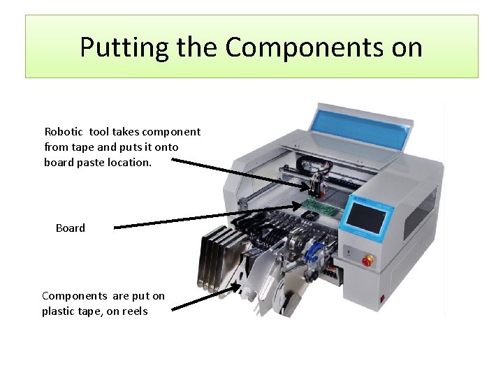 Putting the Components on Robotic tool takes component from tape and puts it onto