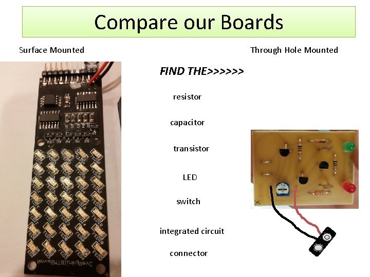 Compare our Boards Surface Mounted Through Hole Mounted FIND THE>>>>>> resistor capacitor transistor LED