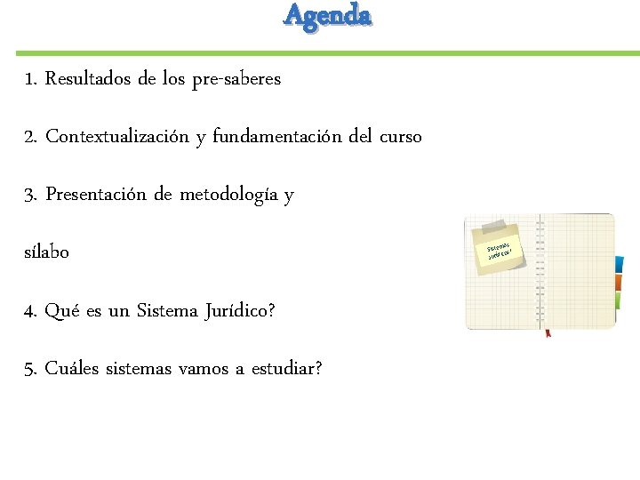 Agenda 1. Resultados de los pre-saberes 2. Contextualización y fundamentación del curso 3. Presentación Agenda 1. Resultados de los pre-saberes 2. Contextualización y fundamentación del curso 3. Presentación