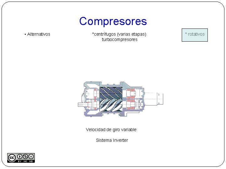 Compresores • Alternativos *centrífugos (varias etapas) turbocompresores Velocidad de giro variable Sistema Inverter *